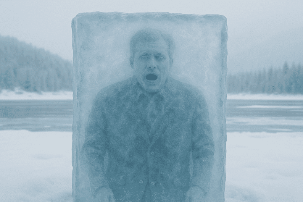A man frozen in a block of ice